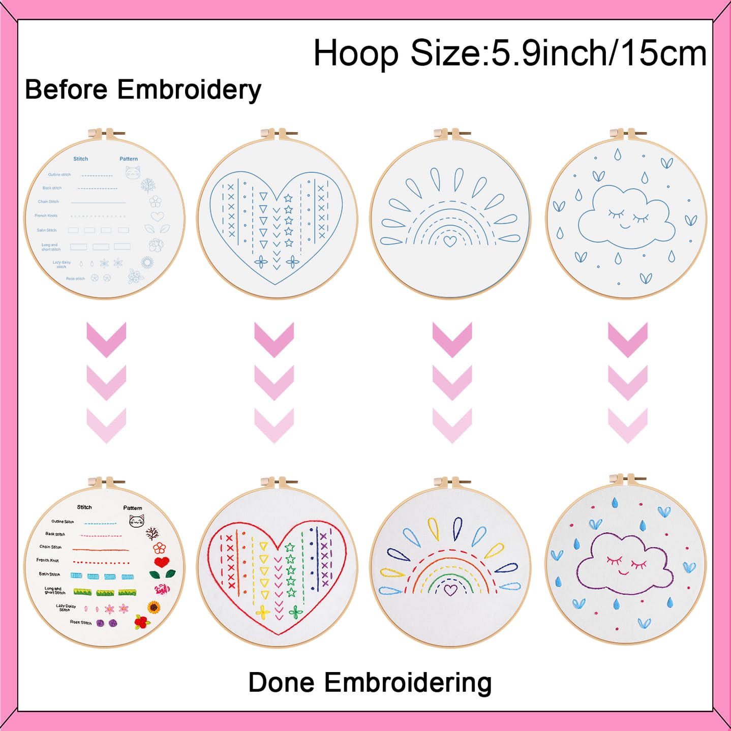 Louise Maelys 12 Pre-Stamped Embroidery Kits for Beginners, Cross Stitch for Kids Girls,DIY Needlepoint Craft Sewing,Practice Kit Supplies,Funny Cute Pattern,Perfect for Ages 8-12