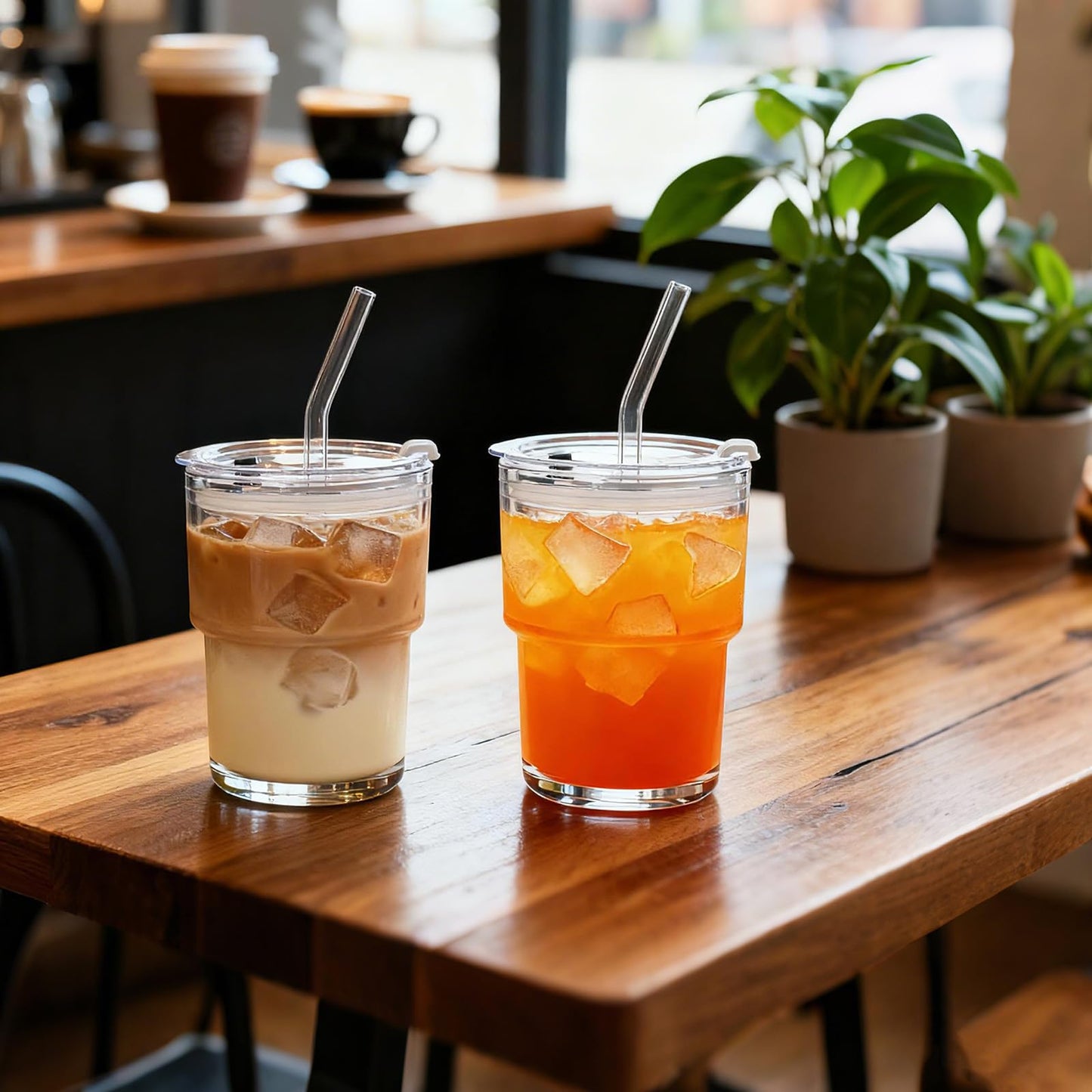 SoulTimes 13oz Glass Tumbler with Lid and Glass Straw Set of 2 – Thick-Walled Iced Coffee Cup, Reusable Clear Glass Cups for Water, Iced Tea, Coffee, Juice, Perfect for On-the-Go & Daily Use