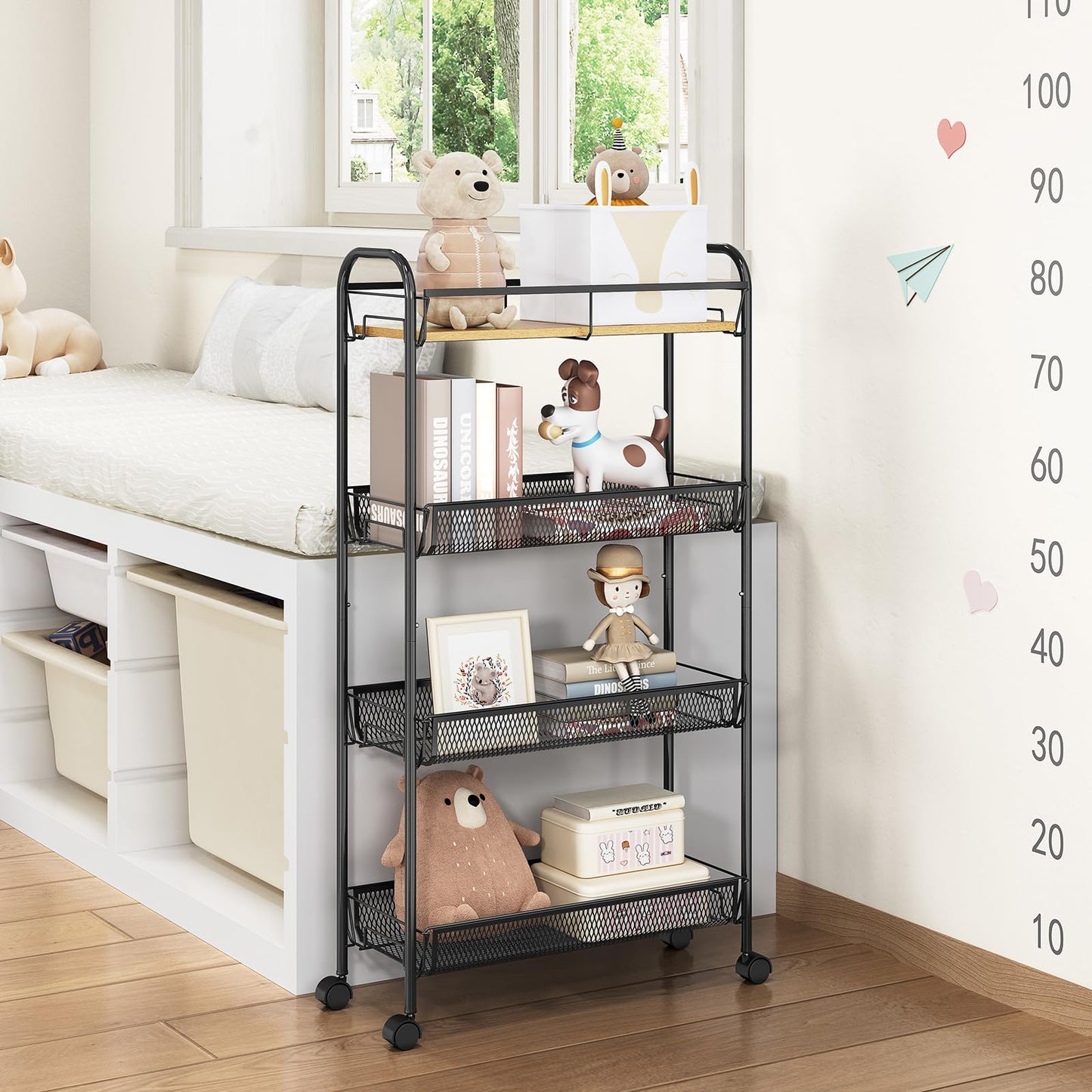 TOOLF 4-Tier Slim Rolling Cart, Metal Utility Cart, Slide Out Storage Cart with Wooden Tabletop and Mesh Baskets for Narrow Space on Kitchen Bathroom Laundry Room Bedroom Apartments Dormitory