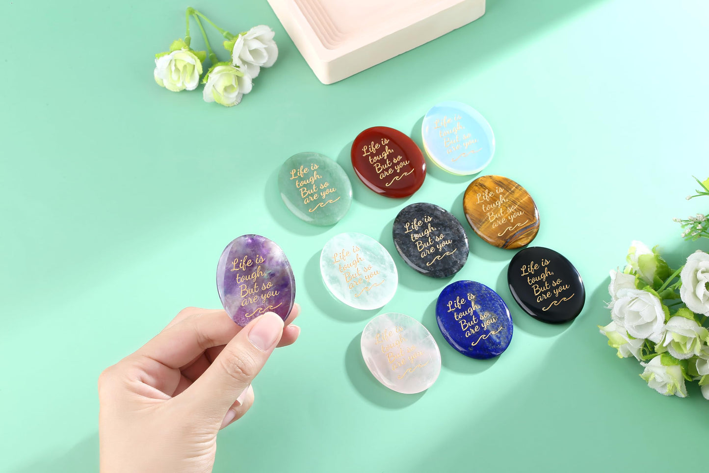 NUKAYAI Inspirational Gifts Worry Stone Amethyst Crystal Crystals and Healing Stones Oval Natural Meditation Accessories Gemstones Trinkets Pocket Stress Relief Anxiety Relief Items Gifts for Women