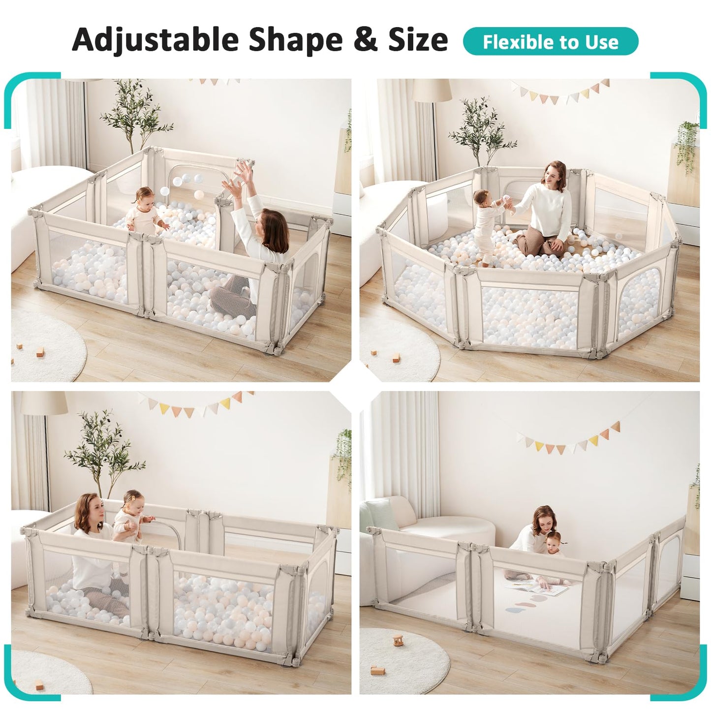 Doradotey Baby Playpen, Shape &Size Adjustable Large Baby Playard for Babies and Toddlers, Foldable Playpen Fence Indoors Play Center Yards, Breathable Mesh Anti-Fall Play Pen 79x71, Cream