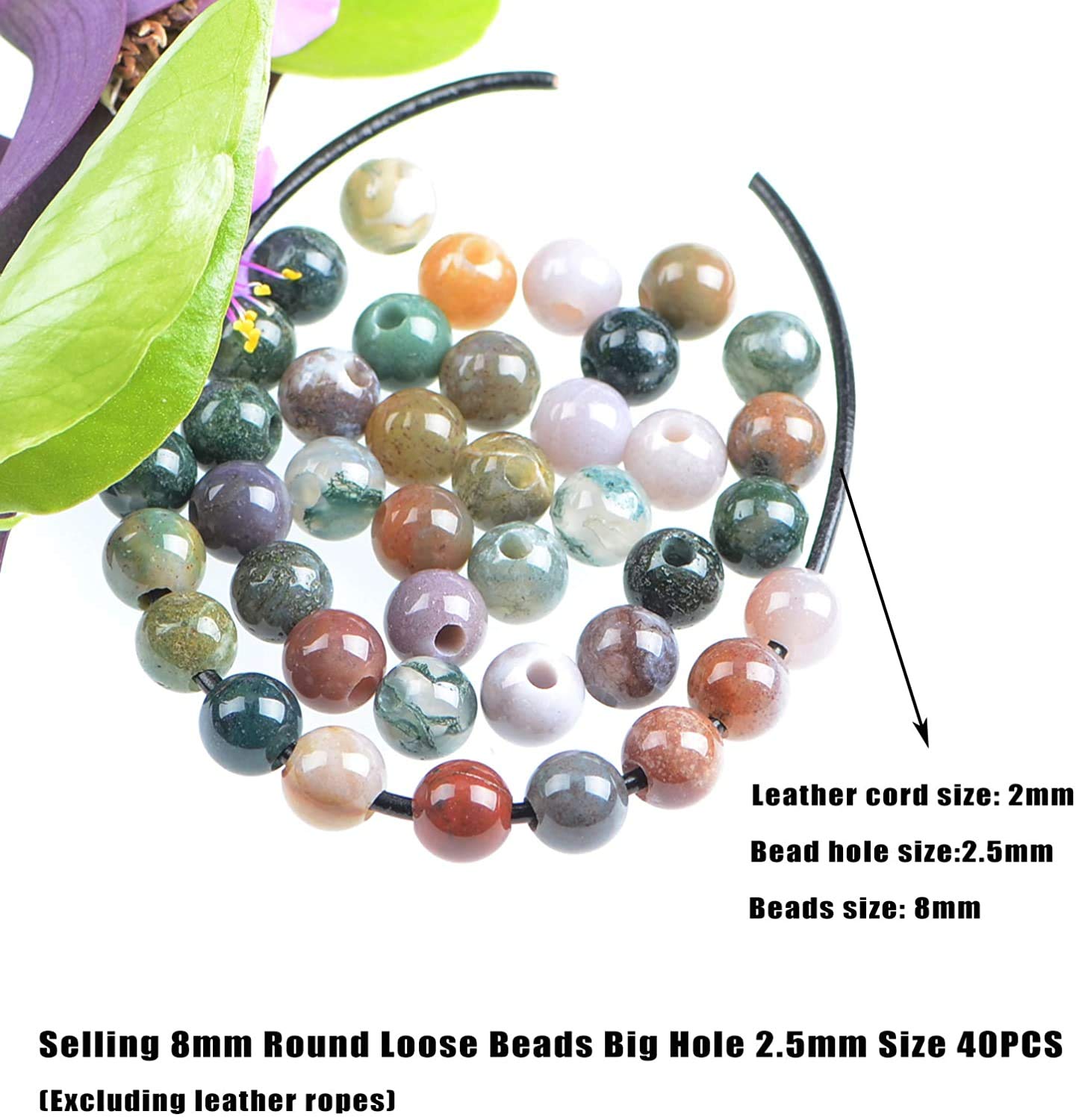 AD Beads Natural Gemstone 8mm Round Loose Beads Big Hole 2.5mm Sized 40pcs (Indian Agate)