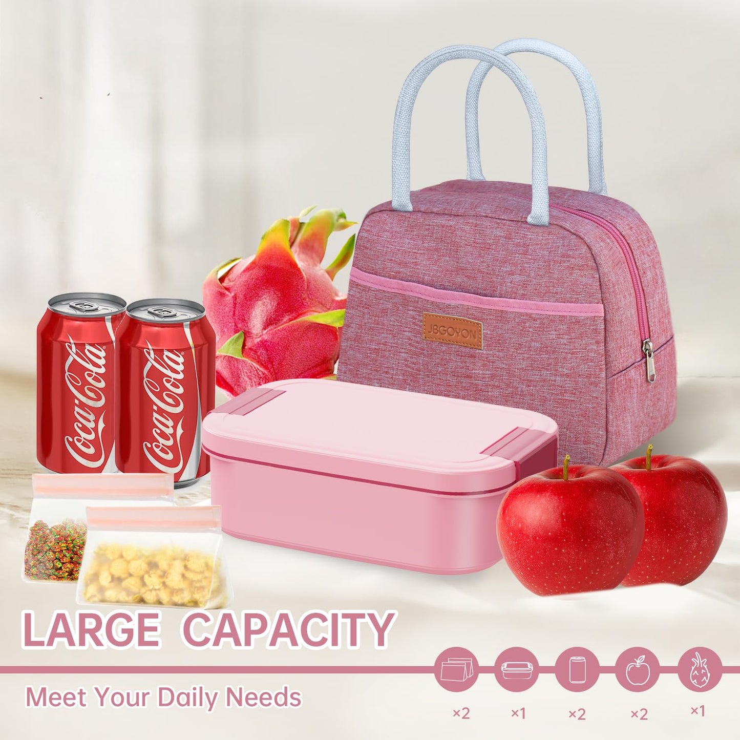 JBGOYON Bento Box and Lunch Bag Set, Leak-Proof Lunch Box for Adults and Kids with Built-in Utensils, Insulated for Work School Travel, Microwave & Dishwasher Safe, All-in-One (Pink)