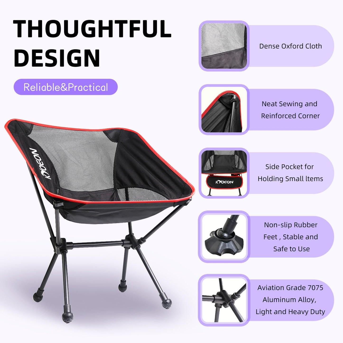 KYOEON Portable Camping Chair, Black 1Pack, Ultralight Durable Foldable Chair for Outdoor Camp, Travel, Beach, Picnic, Garden, Sport Sturdy Frame, Comfortable Collapsible Lawn Chair, Supports 330Lbs