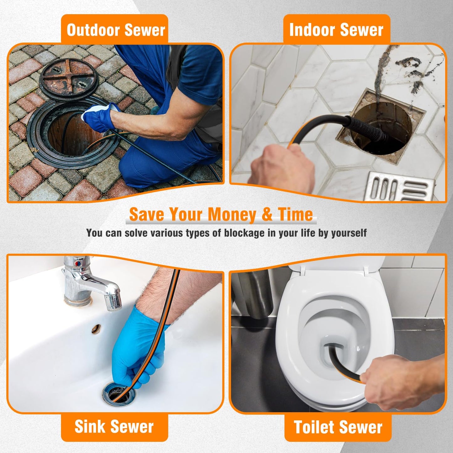 Sewer Jetter Kit for Pressure Washer, 1/4" NPT Corner Drain Cleaner Hose 5800 PSI with Sewer Jetting Nozzles, Pearl Corsage Pin, Waterproof Tape, Extension Cord Organizer&2 Spanner