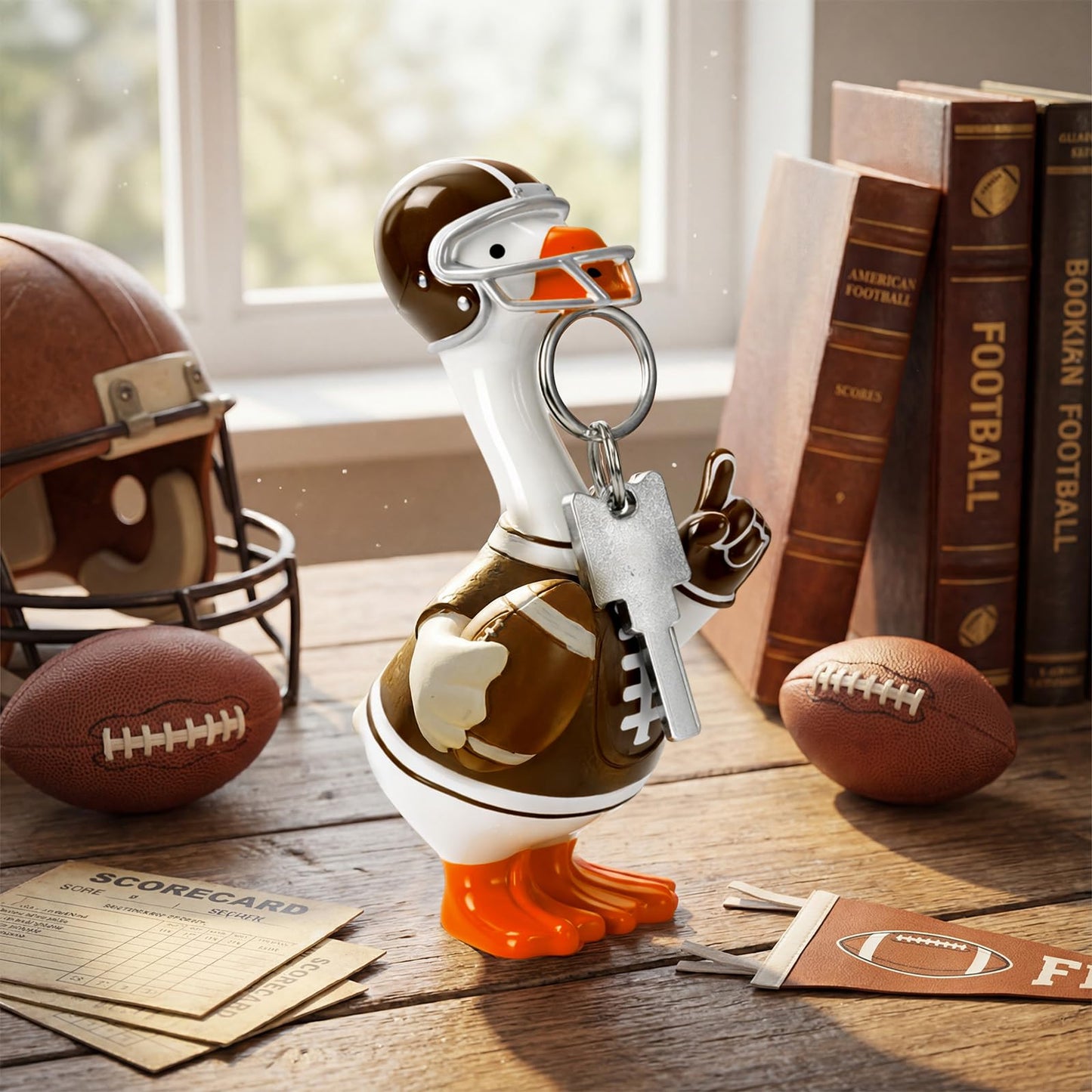 Bucherry Football Magnetic Goose Key Holder 6 Inch Resin Goose Figurine Football Player Helmet Design with Strong Magnet Beak Office Desktop Key Organizer Entryway Table Decoration Sports Gift