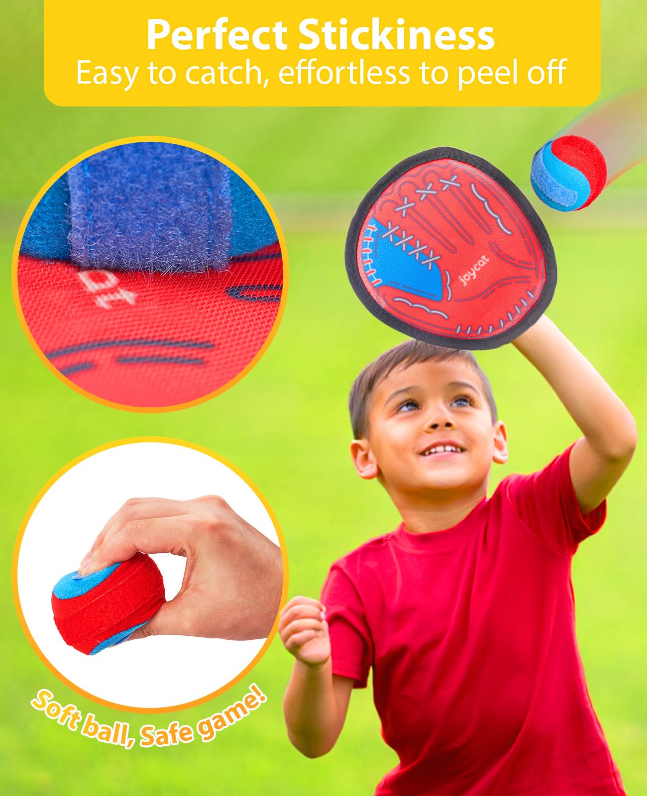 JoyCat Toss and Catch Ball Game for Kids, 2 Paddle Sticky Ball Set, Toddler Baseball Catch Toy, Outdoor Game for Beach, Yard & Camping, Sports Birthday Gifts for Boys Girls Ages 3-12