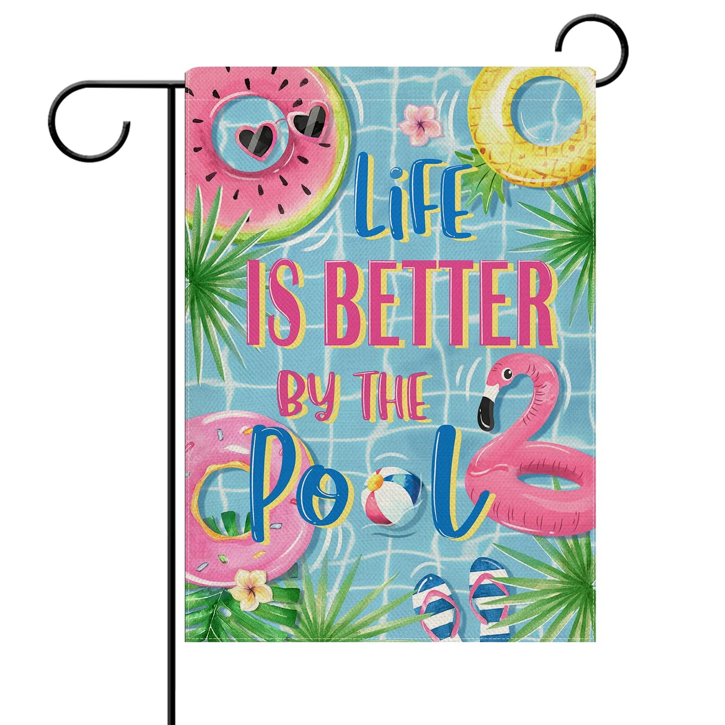 Dyrenson Summer Life is Better by The Pool Decorative Garden Flag, Flamingo Swim Rings Tropical Palm Leaves Yard Outside Home Decoration, Flip Flops Ball Outdoor Small Decor Double Sided 12 x 18