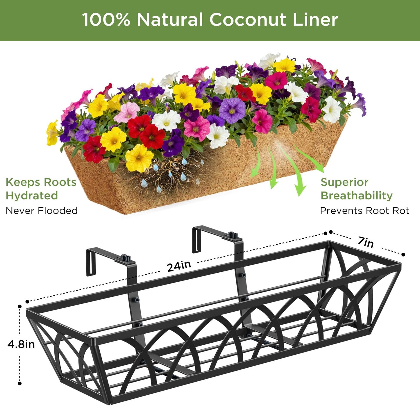 Y&M 4pcs 24 Inch Planter, Metal Window Boxes with Coco Liner, Indoor Outdoor Hanging Flower Planter for Garden, Lawn, Balcony, Porch, Fence, Patio Rail