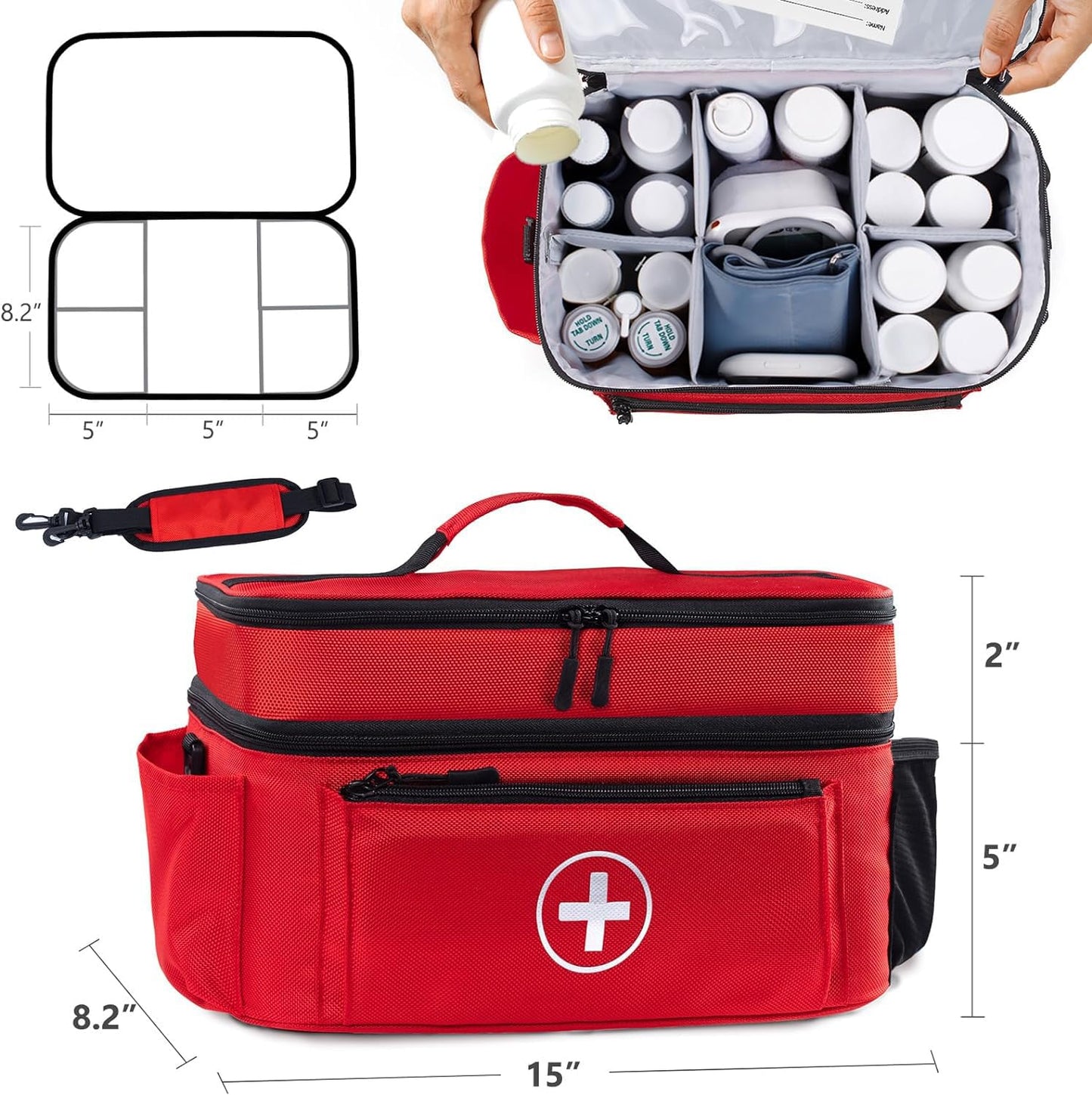 TGCUR Medicine Organizer and Storage Bag Empty, Family First Aid Box, Pill Bottle Organizer Bag for Emergency Medication, Supplements or Medical Kits, Zippered Medicine Bag for Home and Travel (Red)