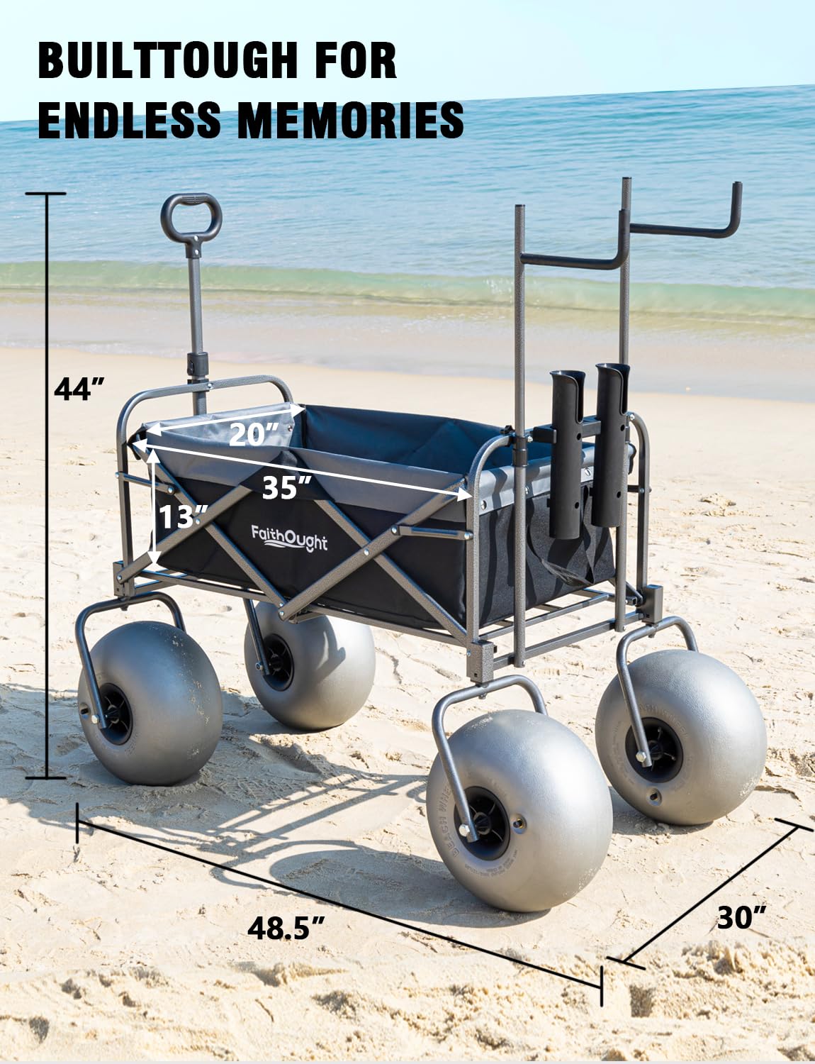 13" Balloon Bubble Wheel Beach Cart Collapsible Wagon with Big Fat All Terrain Inflatable Air Tire, Large Outdoor Wagon & Fishing Cart with Balloon Tire, Dolly with Big Wheels for Sand Camping (Black)