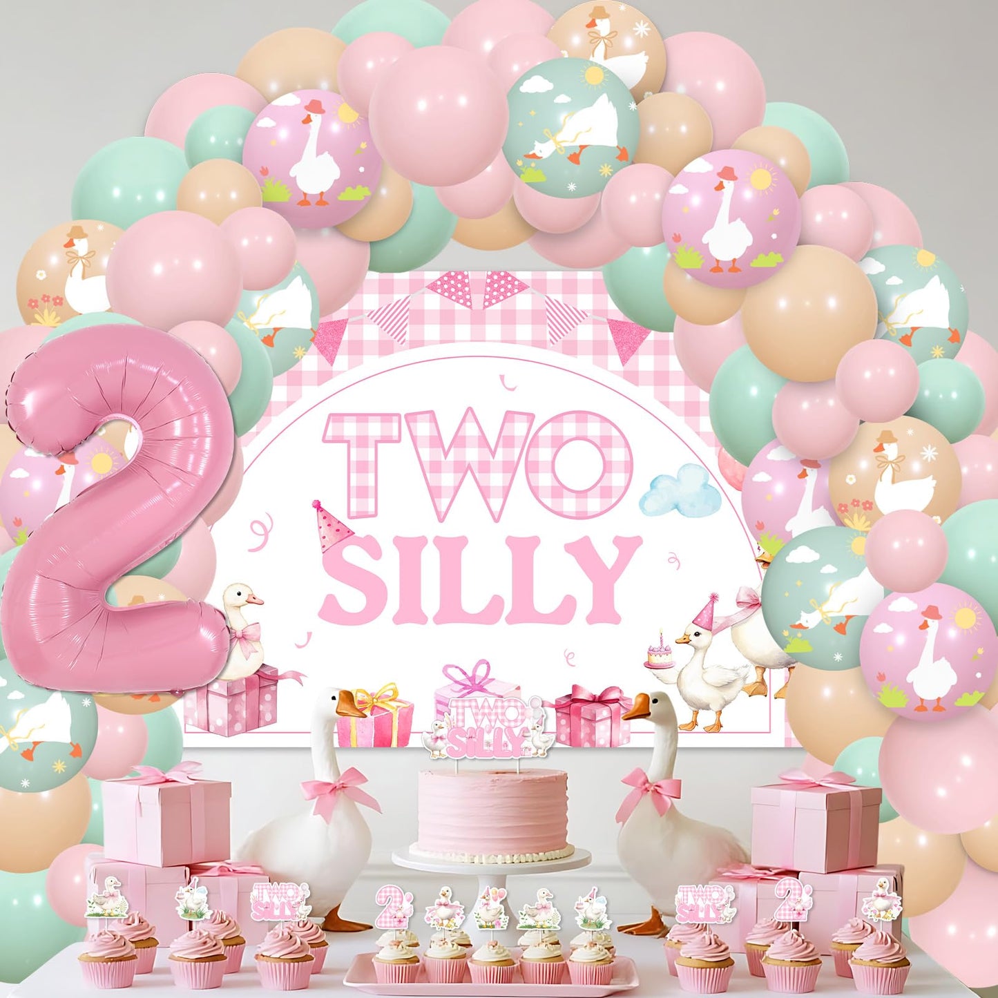 Two Silly Goose 2nd Birthday Decoration Little Goose Backdrop Gingham Cake Cupcake Topper Pink Green Apricot Latex Balloon Garland Arch Kit for Girl Farm Animal Second Birthday Party Supplies