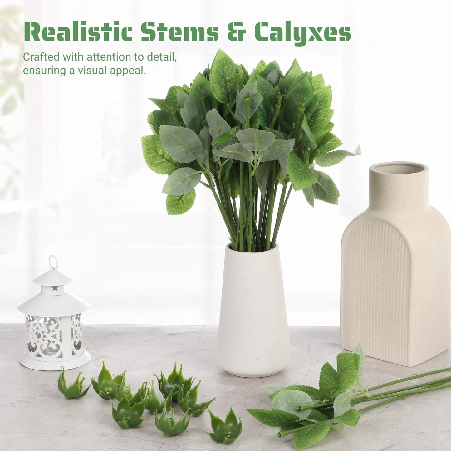 CDOKY 50 Pcs Rose Stems with Leaves & 50 Pcs Flower Calyxes Set, Fake Flower Stems Artificial Flower Sepals, Floral Arrangement Supplies, DIY Artificial Flowers Tools for Bouquet Wedding Party