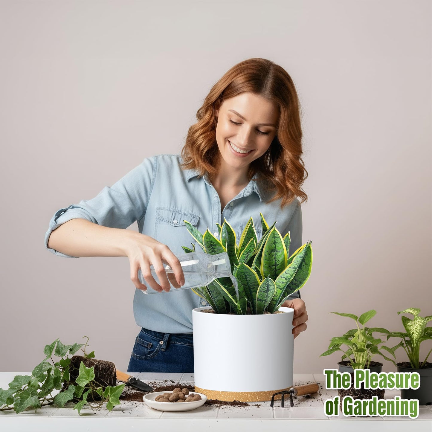 Areutxbis 10/9/8 Inch Large Plant Pots with Drainage Holes and Trays, 3 Pack Modern Minimalist Cylinder Planters for Monstera, Snake Plant, Indoor Outdoor (Matte White & Brown)