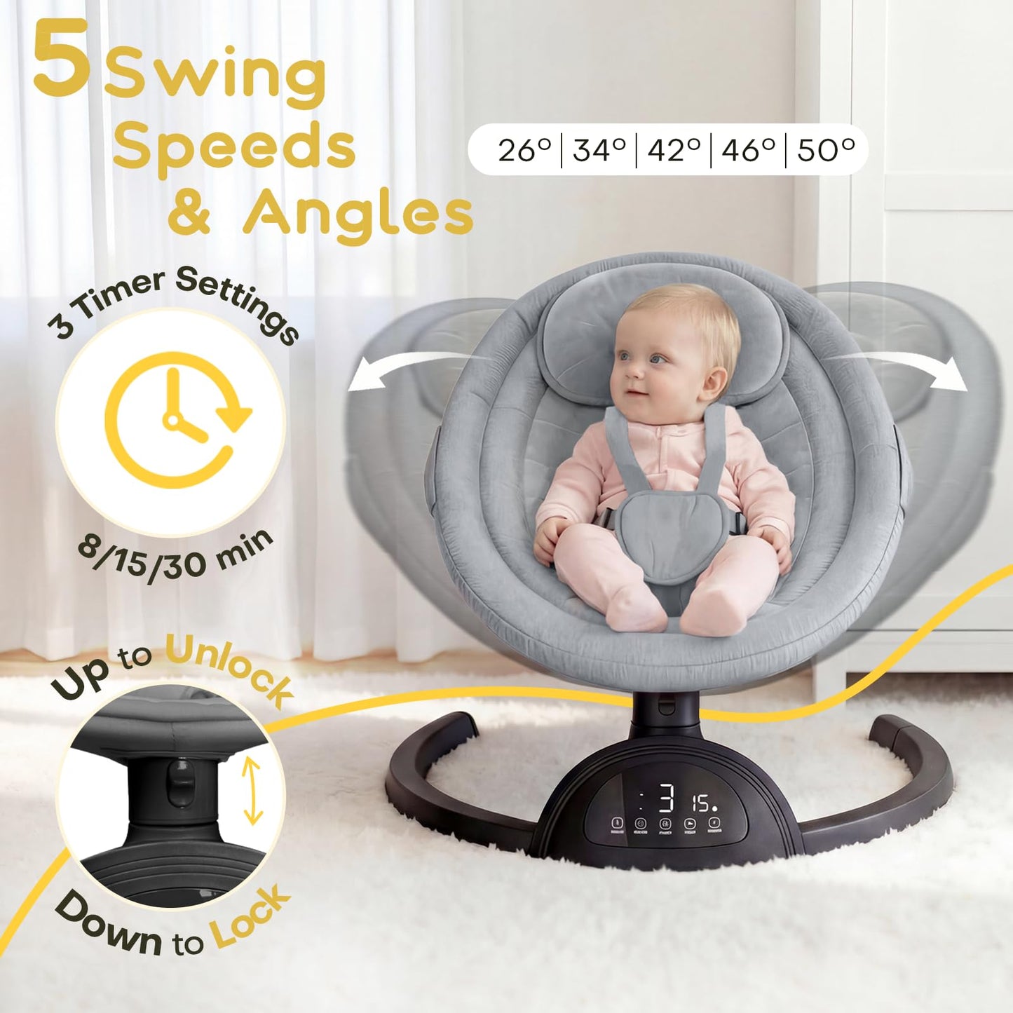 Baby Swings for Infants, Portable Baby Swing for Indoor and Outdoor, Bluetooth Baby Swing with Music Speaker, 5 Point Harness Belt, 5 Speeds and Timing