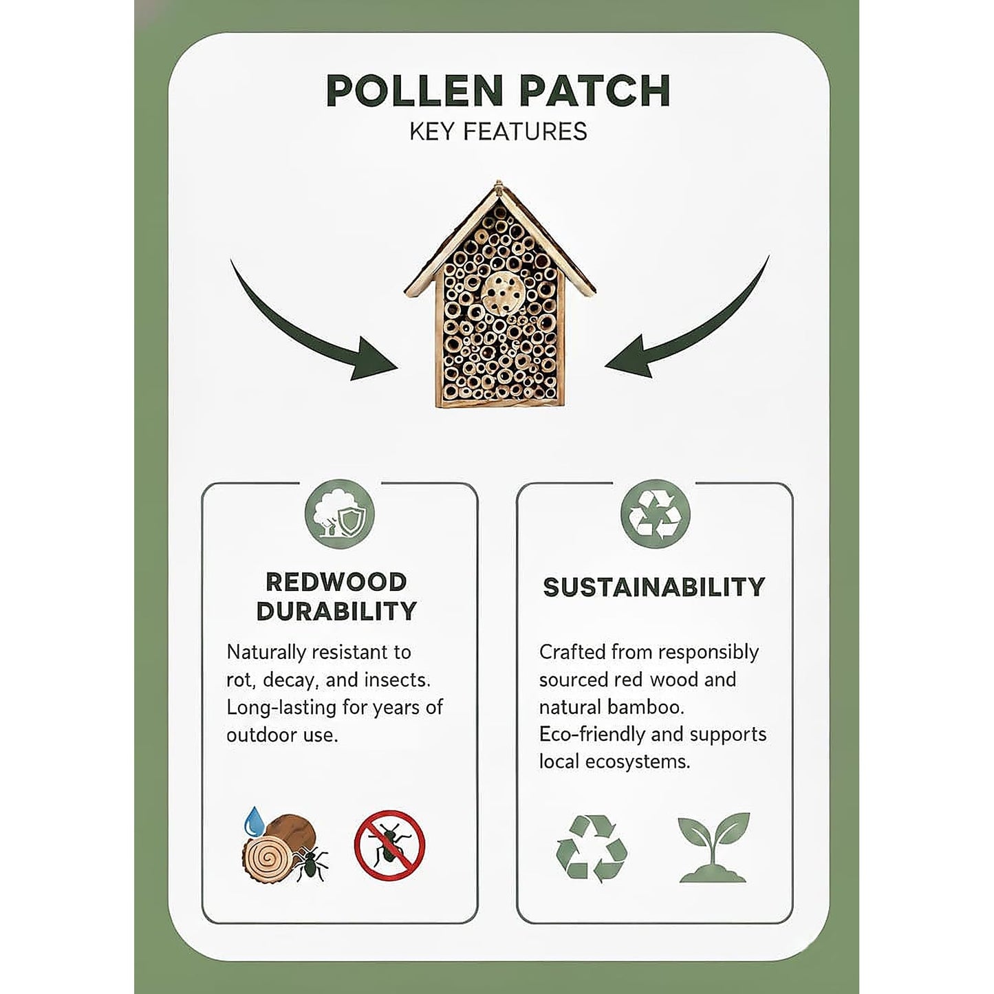 Redwood Mason Bee House - Solitary Bee Hotel & Wooden Pollinator House | Leafcutter Bee Hive with Easy-Hang Jute Rope | Weatherproof Insect Hotel & Outdoor Garden Decor for Pollinators