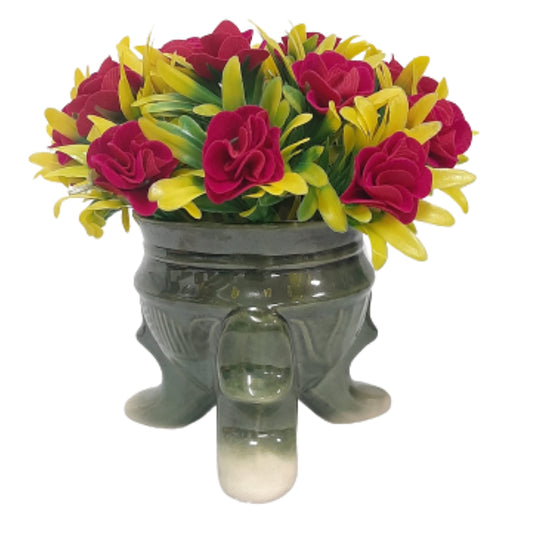 India Meets India Handmade Ceramic 3 Legs Pot Planter [Green] w/Artificial Flower, Decorative Planter for Home Décor/Living Room/Office/Dining Area and Windowsill, 4.5 x 4.5 inches