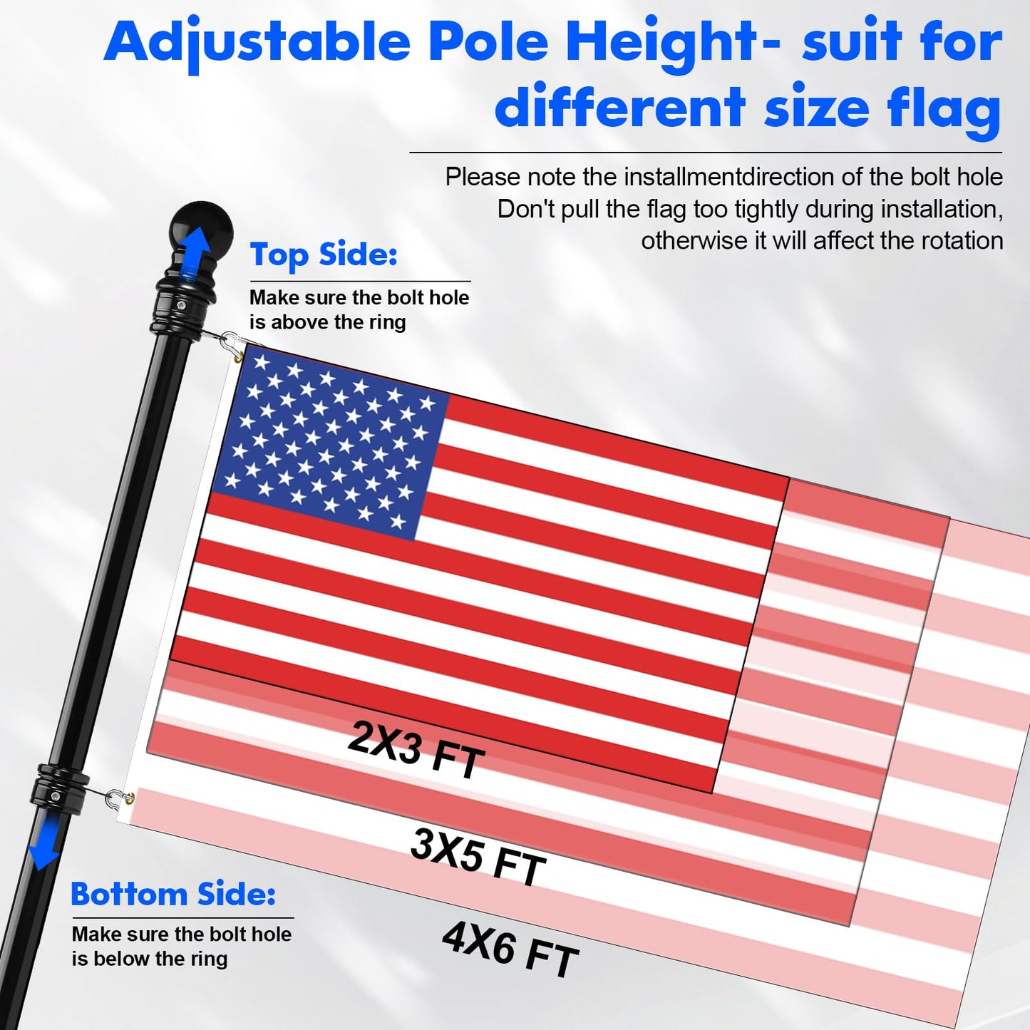 Anovo Flag Pole Kit- Upgraded Holder, Stainless Steel 5 FT Flag Poles with1 Inch Metal 360° Rotating Flag Pole Rings Two-Position Flag Pole Bracket Mounting for Outside House Porch (5 FT-Black)