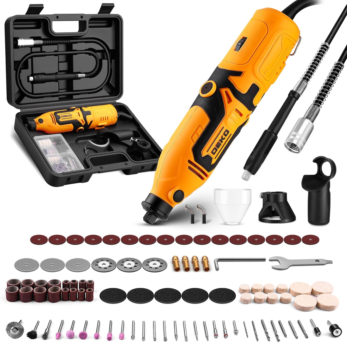 Rotary Tool Kit:DEKOPRO 1.4-Amp Power Hand Rotary Tools with 6 Variable Speed, 127pcs Accessories, 8000~35000RPM Electric Grinder Drill Machine Set with Flex Shaft for Carving, Cutting, Sanding Yellow