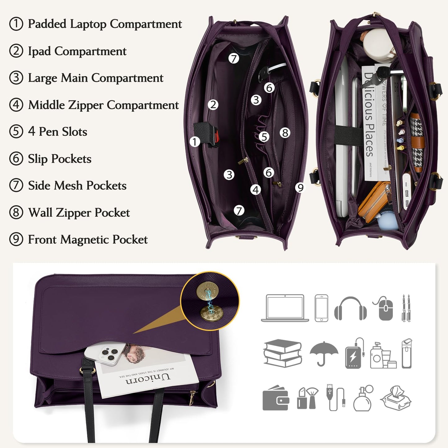 RAINSMORE Laptop Bag for Women 15.6 Inch Work Tote Bags Leather Laptop Tote Waterproof Computer Bag Professional Office Briefcase Large Handbag for College Teacher Travel,Purple and Black