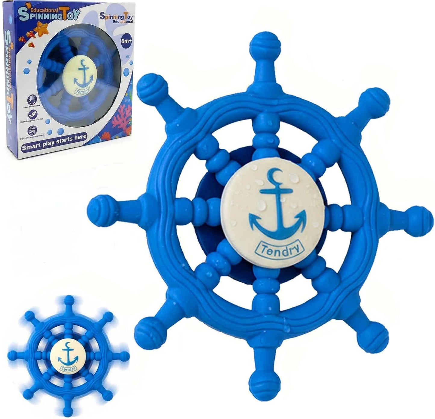 Baby Suction Spinner Toys for Bathtub, Silicone Toddler Bath & High Chair Toys for 1 Year Old Boy/Girl Birthday Gift, Interactive Ship Steering Wheel InfantToy for Car Window Travel-Blue