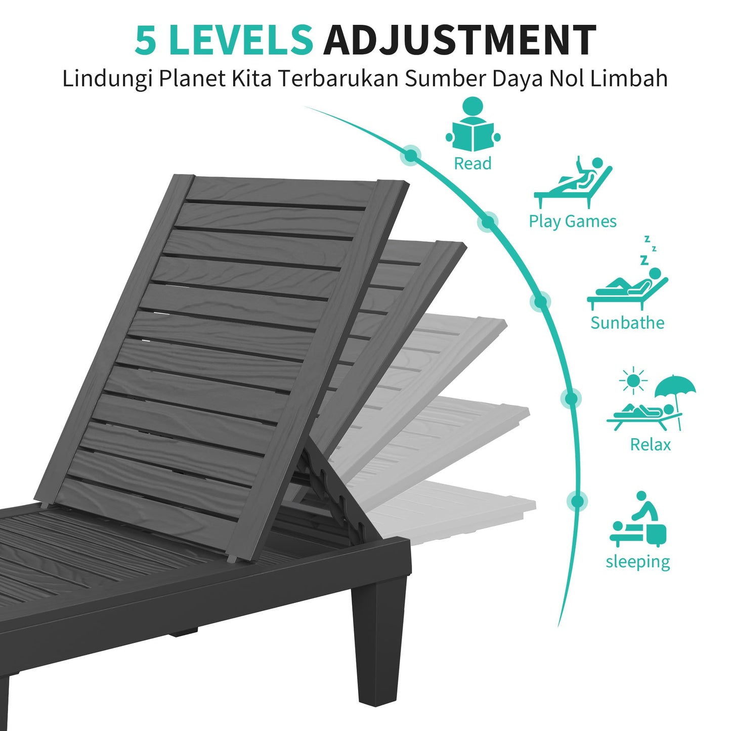 NUNU LAB Outdoor Chaise Lounges Set of 2, 5-Position Adjustable Patio Recliners with All-Weather Resin, Sun Loungers for Deck, Garden, Beach, Pool Sunbathing (Black Wood Grain, Set of 2)