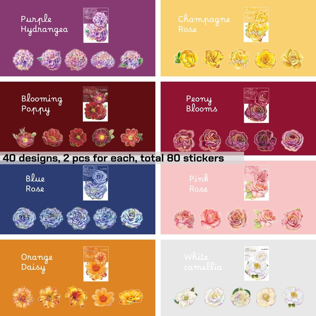 80 Pcs Big Size Flower Stickers with Gold Metallic Outlines, 8 Packs Holographic Iridescent Foiled Floral Sticker Decals for Scrapbooking Bullet Junk Journals Card Making Laptop Cup Adult