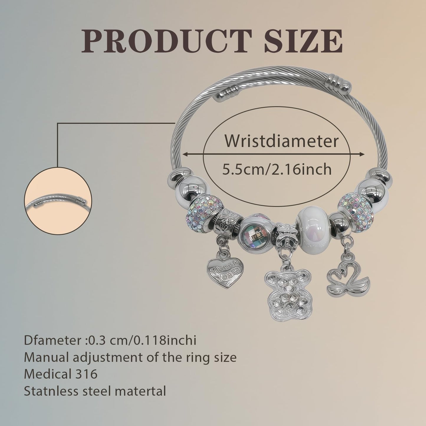 QMWKVNC Charm Bracelets for Girls,Exquisite Cute Cartoon Friendship Silver Bracelets Stainless Steel Bangle, Girls Jewelry Suitable for Holiday Gifts and Birthday Gifts (Bracelets-C)