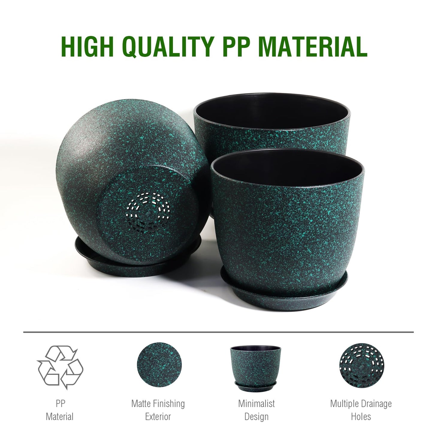 WSMKSZ Plant Pots 10/9/8 inch, Set of 3 Modern Decorative Plastic Planters with Drainage Holes and Saucers for Garden House Plants, Flower Pots for Indoor Outdoor Plants, Black with Green Speckles