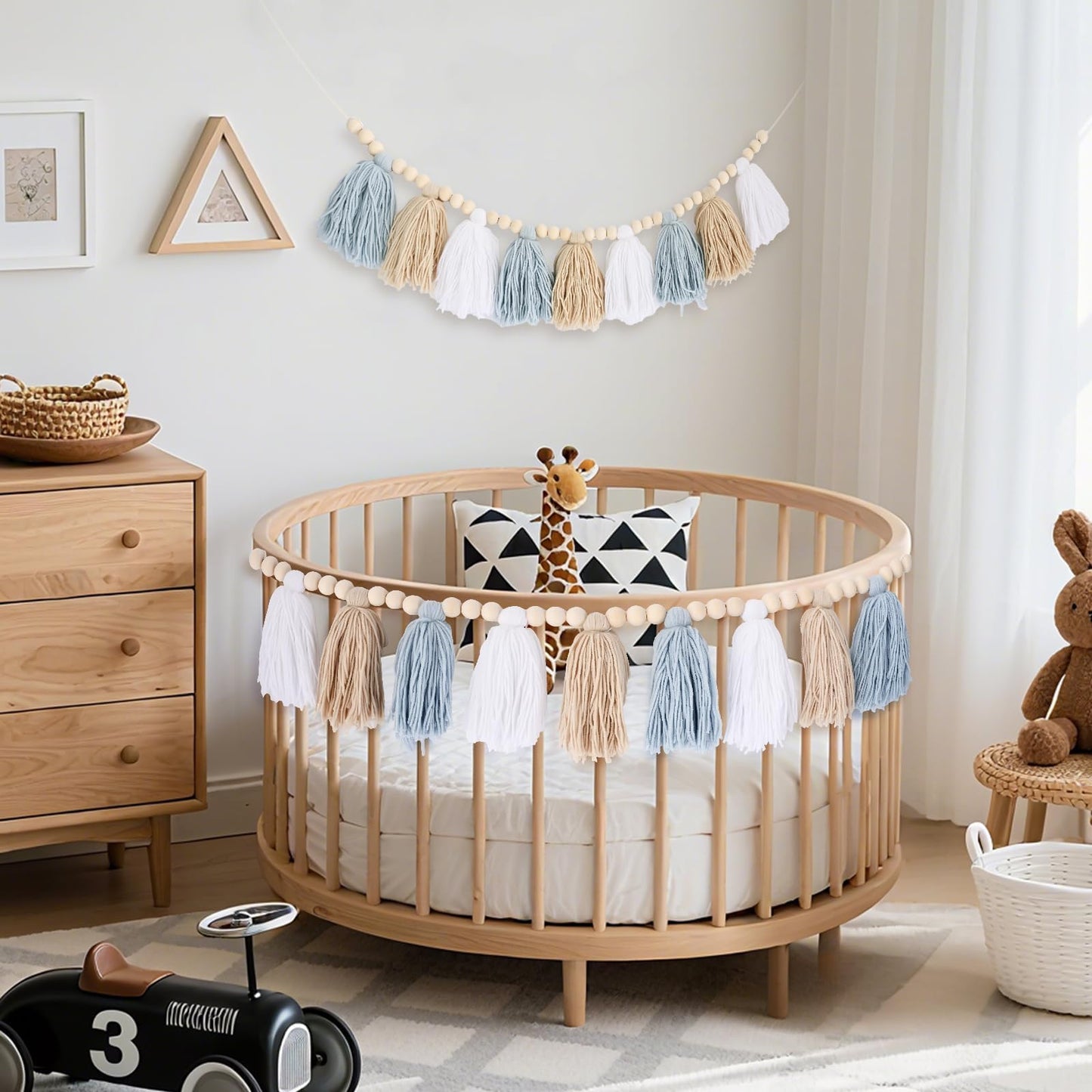 Coastal Boho Blue Tassel Garland Room Decor, Handmade Yarn Wood Beads Banner for Nursery, Baby Boy Shower Decorations for Wall Hanging, Classroom Decor, Birthday Party and Photo Backdrop