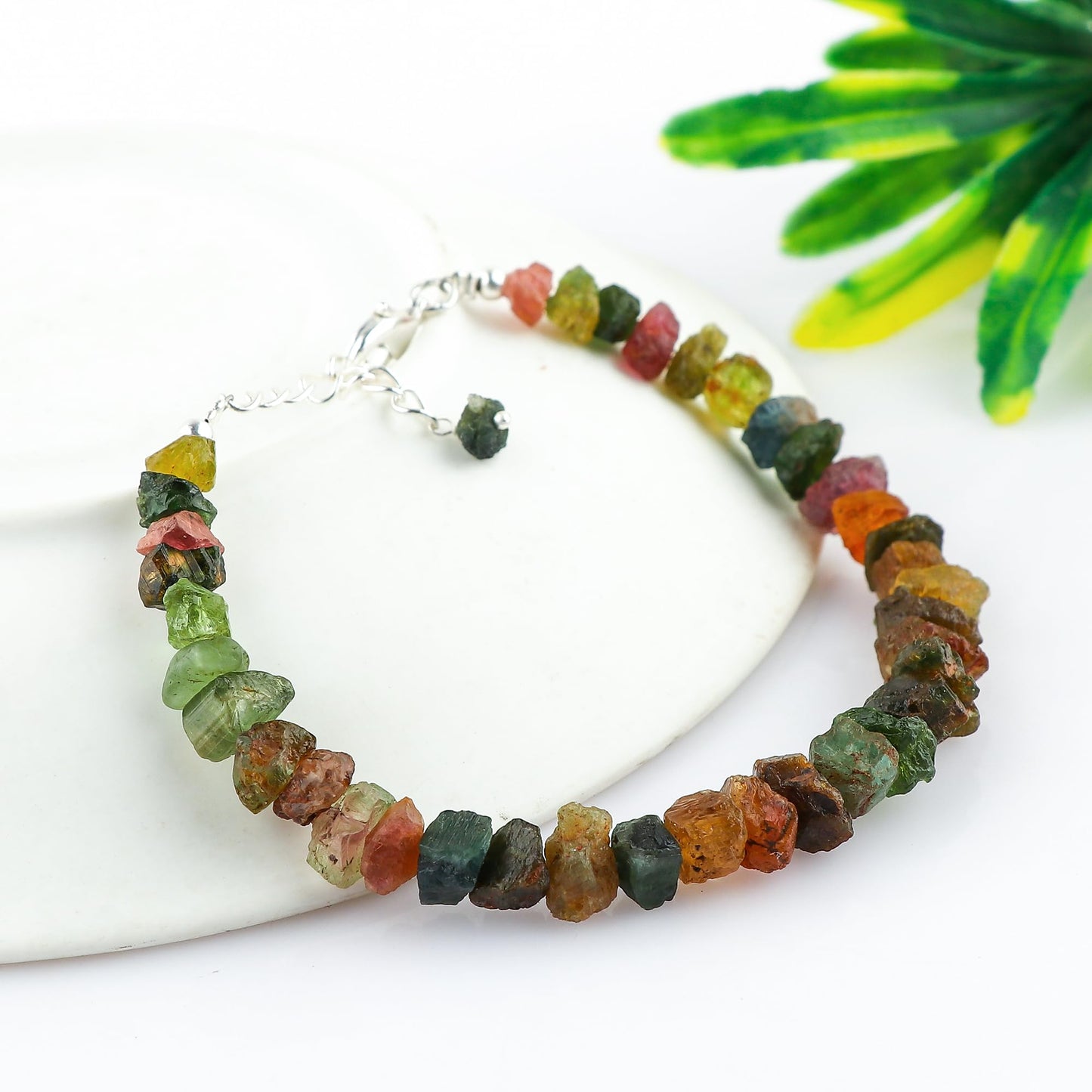 CRYSTALINES Genuine Raw Multi Tourmaline Gemstones Bracelet, Handmade Bohemian Jewelry, Chakra & Healing Crystals, Rough Stones, Adjustable Silver Dainty Chain, Gift for Women (Size-8inch)