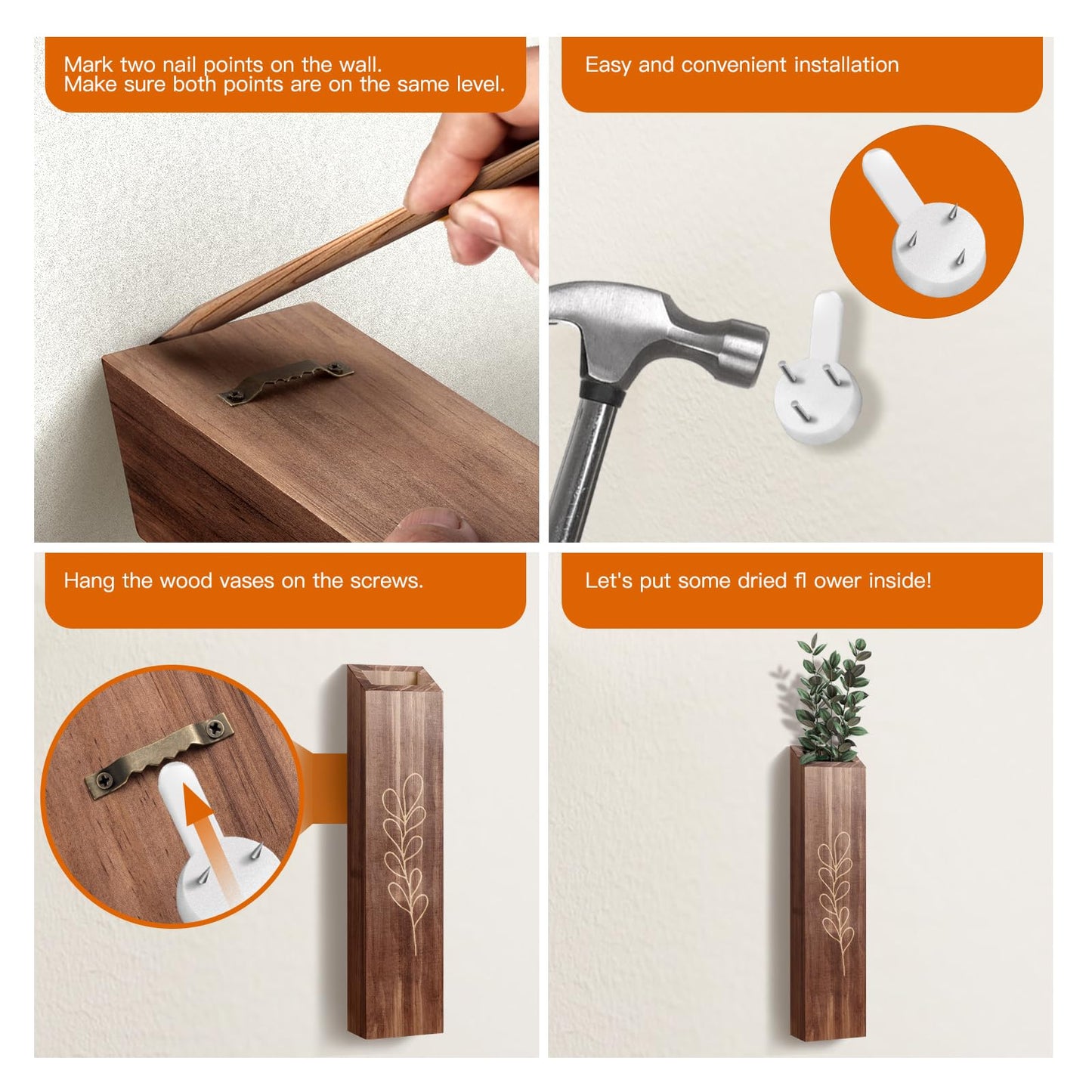 BOTOP 4 Pack Wood Indoor Wall Planter, Modern Boho Wall Decor for Living Room Bedroom, Farmhouse Pocket Vases for Dried Flowers and Faux Greenery Plants - Brown