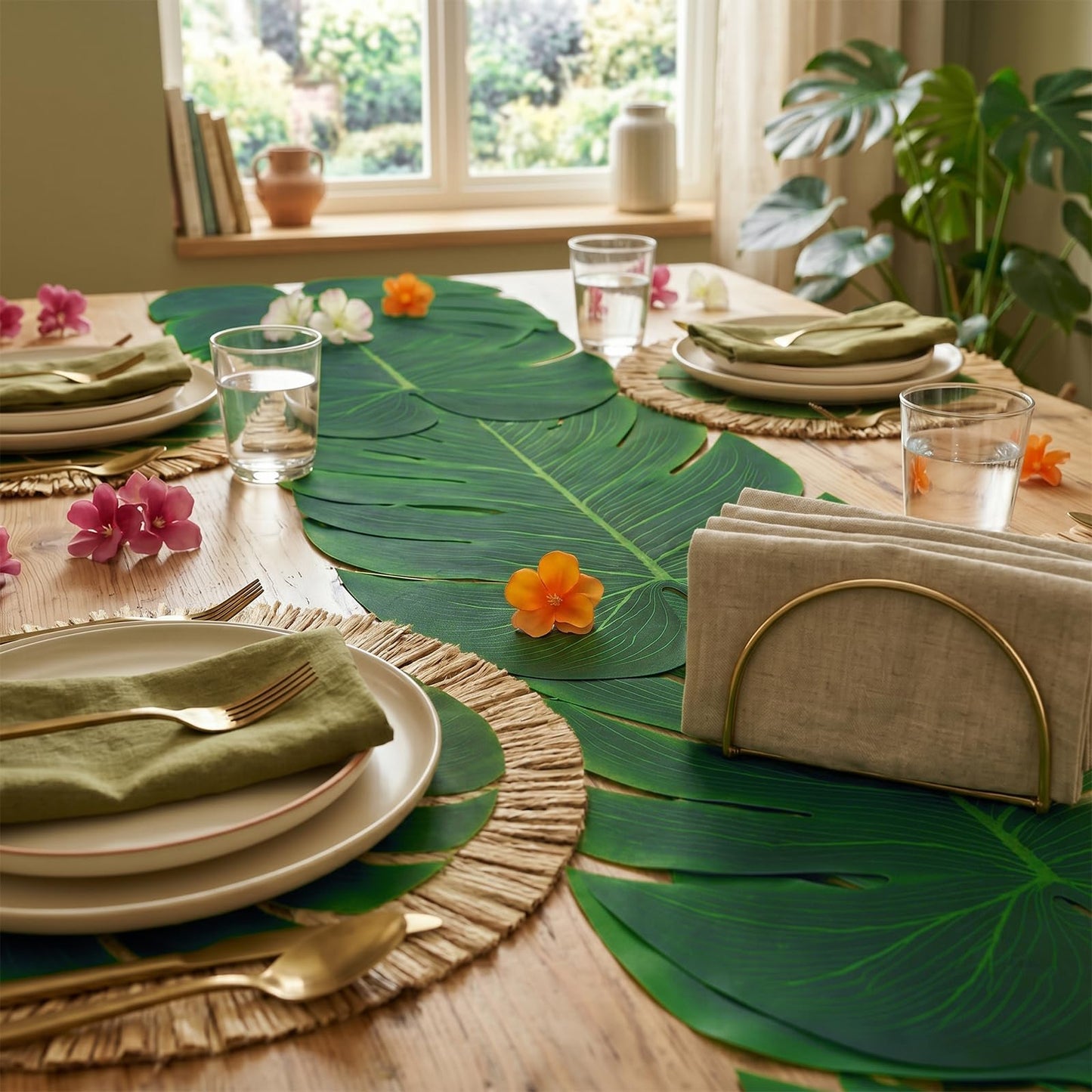 38PCS Hawaiian Tropical Party Decorations, Luau Placemats and Palm Placemat, Round Luau Fringe Place Mats Hibiscus Flower Simulation Artificial Leaf Birthday Party Supplies Table Decor