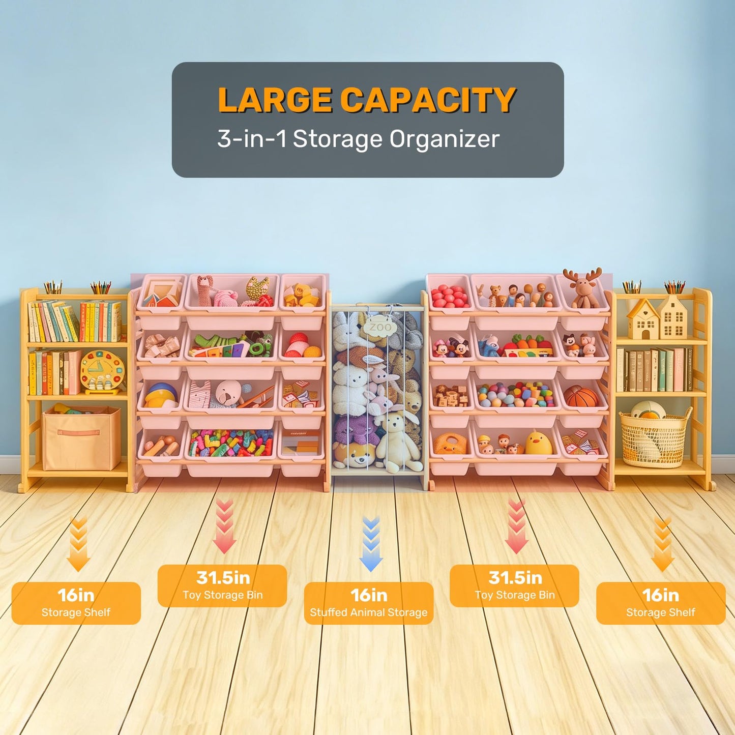 Yazzropt 114" Large Toy Storage Organizer with Bins Shelves & Stuffed Animal Storage for Kids Wood Toddler Playroom Organization with Bookshelf Toys Box Wooden Organizers for Kids Room Nursery Bedroom