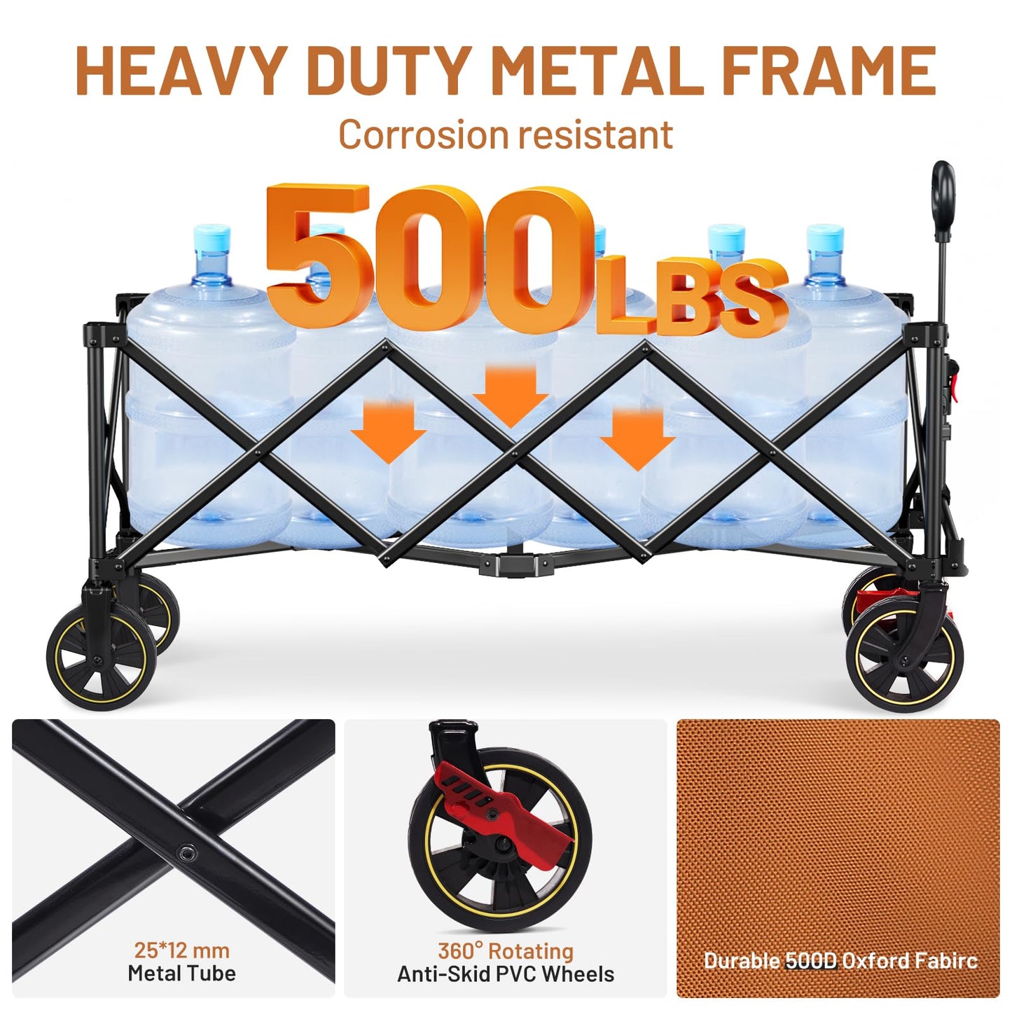 Timber Ridge 51.2'' Extended Collapsible Wagon Cart with Brakes and Cargo Net, 500LBS Heavy Duty Foldable Utility Wagon with Adjustable Handle, 400L Capacity Portable Cart for Camping Sports, Orange