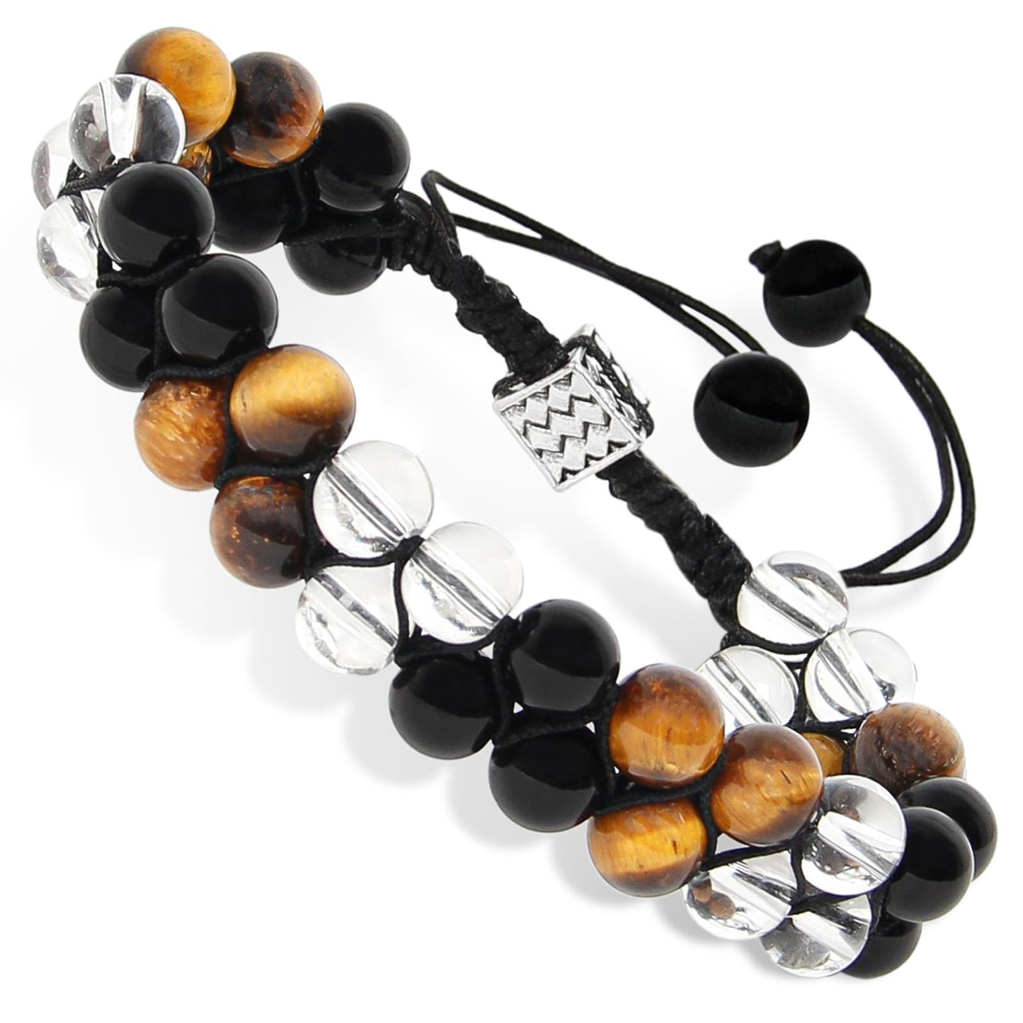 Orientrea Triple Protection Bracelet- Yellow Tiger's Eye, Black Obsidian & Clear Quartz, 8mm Handmade Healing Crystal Bead Bracelets for Luck, Prosperity, Protection & Balance, Gift for Men & Women