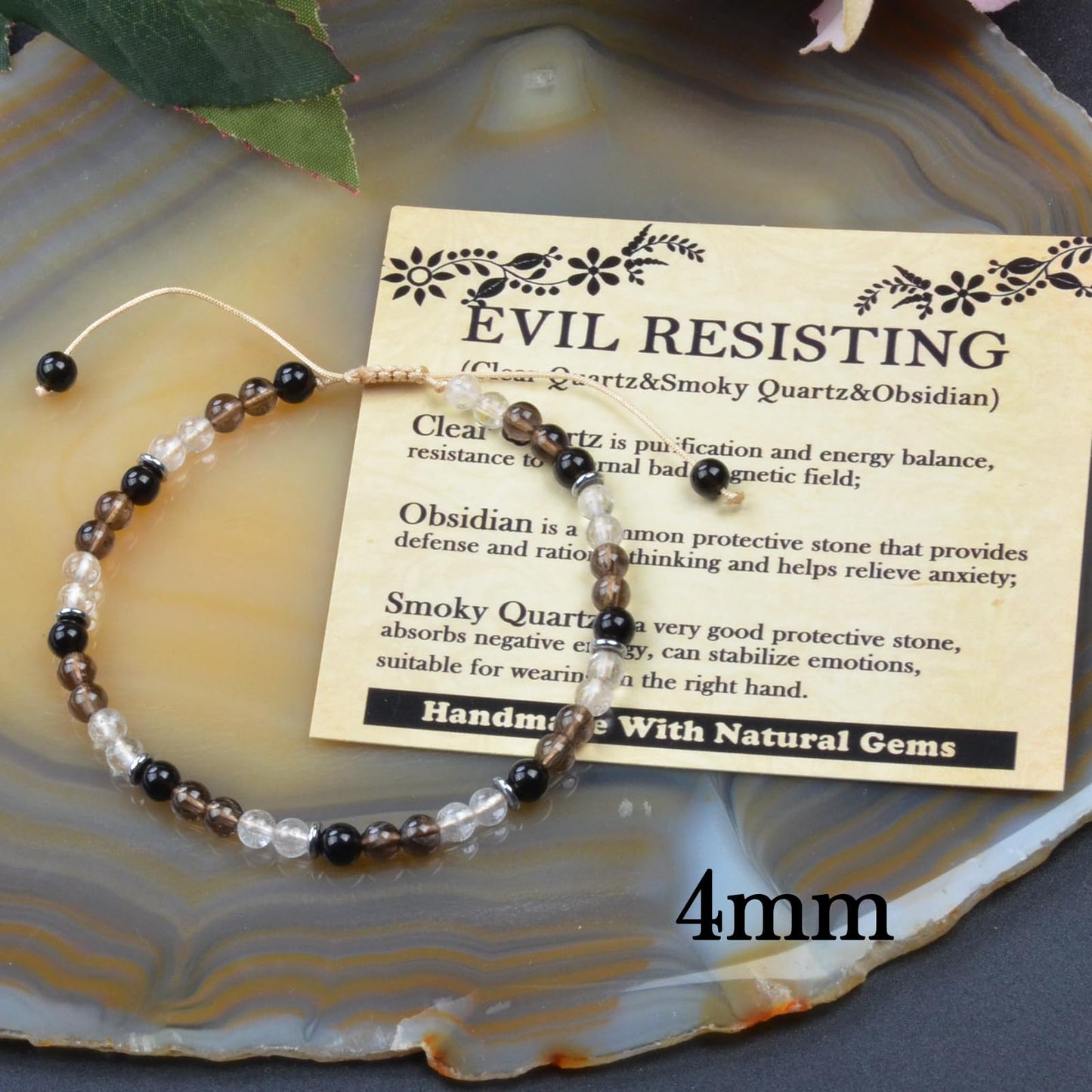 CHCCOYE 4mm Handmade Adjustable Natural Gemstone Crystal Bracelet Healing Power Energy Inspirational Gifts with Card for Unisex (Negative Resistance)