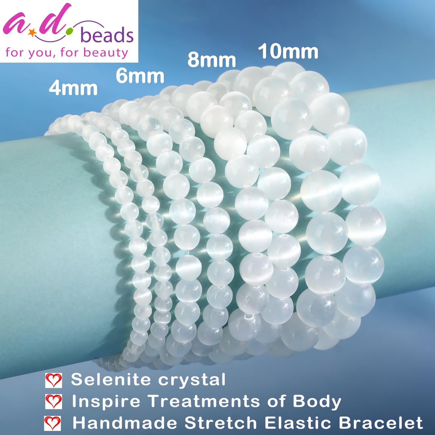 AD Beads 8mm Handmade Selenite crystal Elastic Bracelet – Natural Gemstone for Inspire treatments of body – Meditation, Yoga, Healing and Energy Gift for Men Women