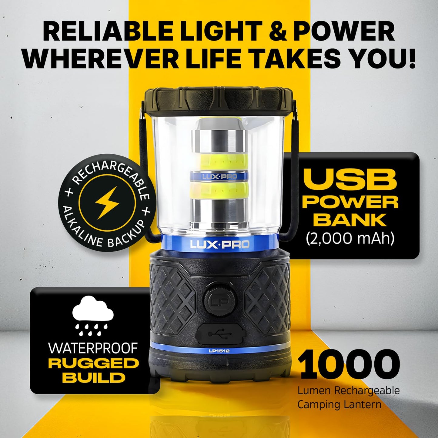 LUXPRO Rechargeable Dual-Power 1100 Lumen LED Lantern for Up to 150 Hours of Use - Camping Lantern with Built-in Power Bank - Dimmable LED Light with IPX4 Water-Resistant Rating (Camping Lantern)