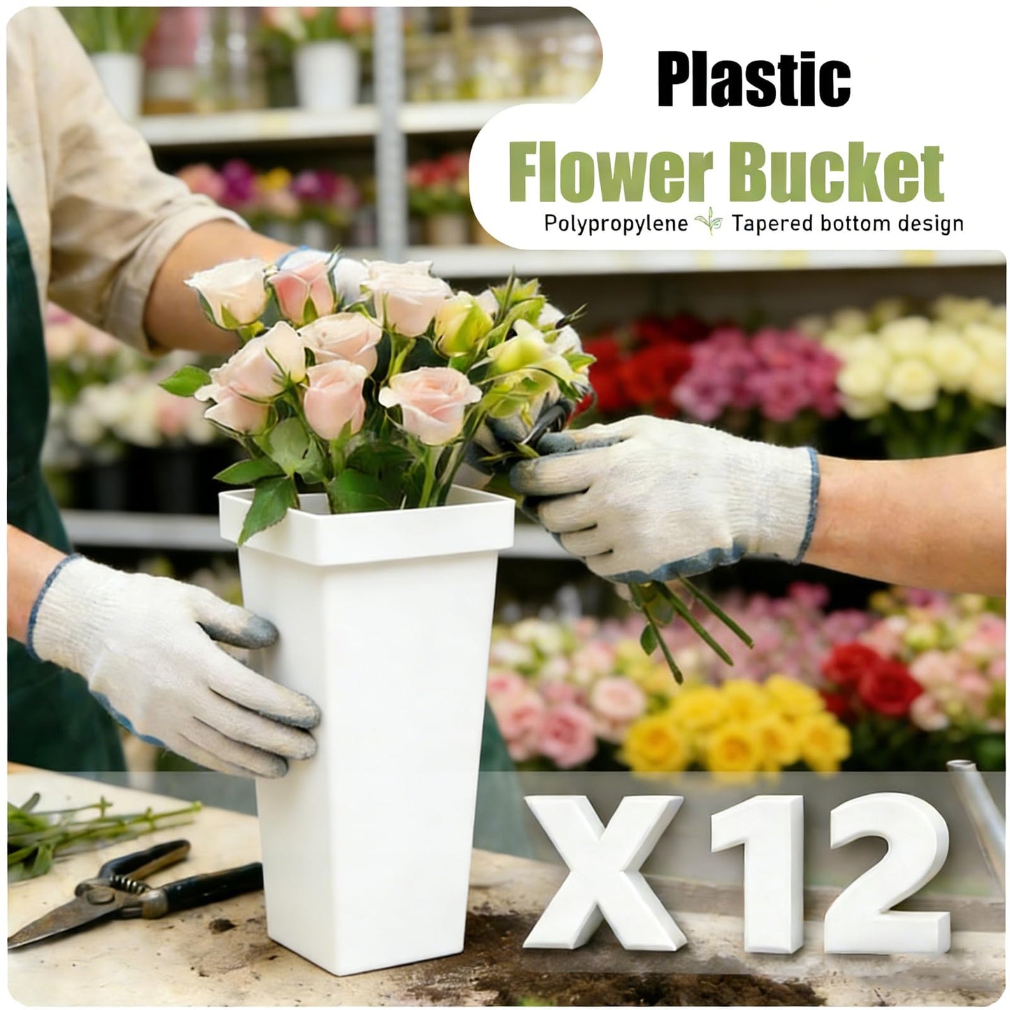 Flower Display Stands With Buckets, With 12pcs Buckets, 3-Tier Rolling Flower Bar,Heavy Duty Metal Flower Cart,For Indoor/Outdoor Use, Wedding Decor & Florist Displays (B - Black frame, white bucket)