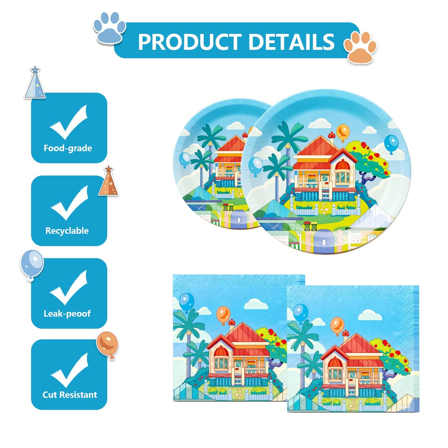 133PCS Blue Birthday Party Supplies - Serves 20 Guests，Blue Birthday Decorations, Blue Plates and Napkins, Tablecloth, Balloons, Banner, Cake Toppers, Fork & Paper Food Trays - Party Supplies