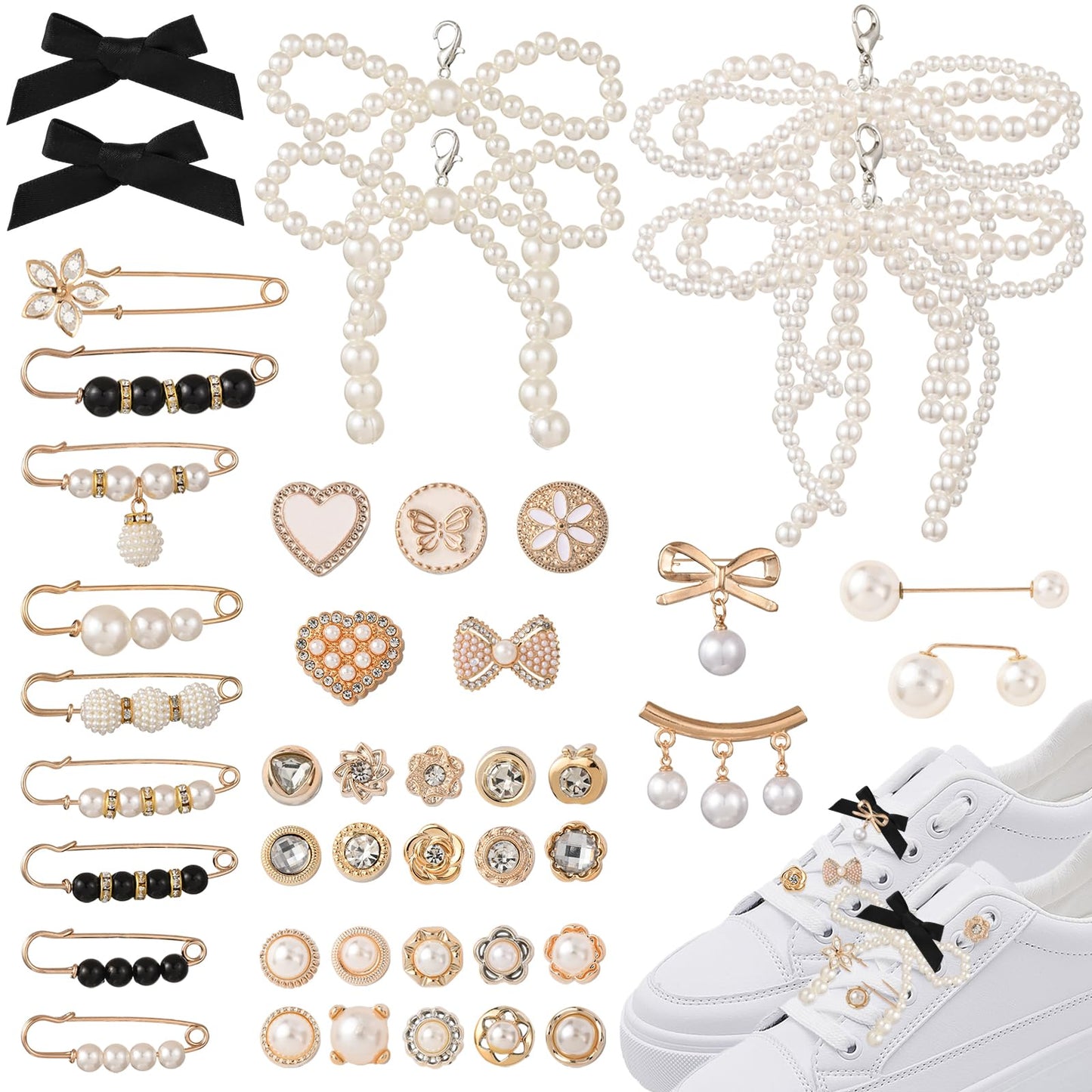 HUAAPLEVLA 44 Pcs Bling Shoe Charms for Sneakers Junk Socks Charms Kit Gold Brooches and Pins for Women Shoelace Charm for DIY Shoe Accessories and Personalizing Socks Clothes Hats Bags Decoration