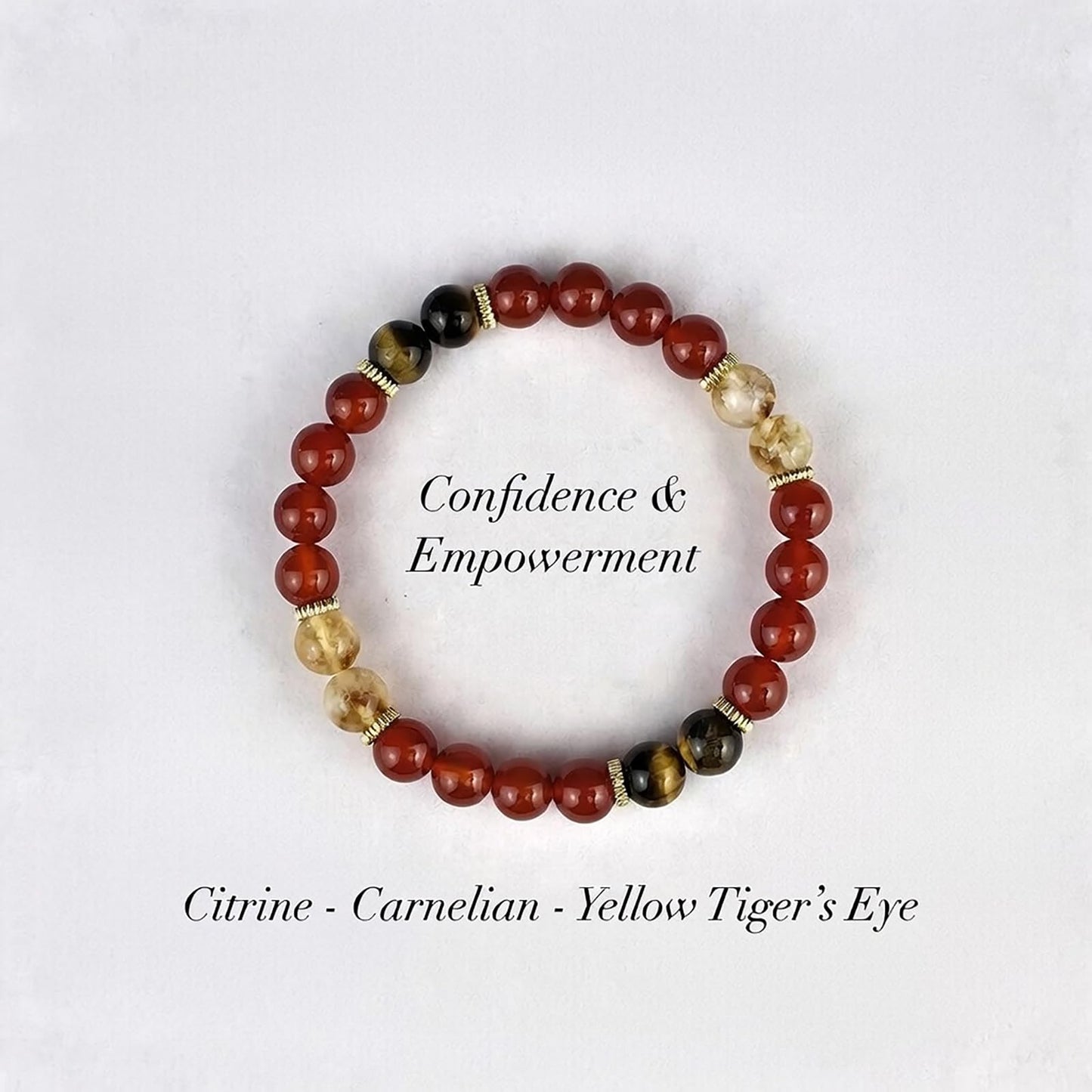 Handmade Natural Gemstone Stretch Elastic Bracelet Healing Crystal Jewelry Bracelet for Confidence & Empowerment 8mm Beaded Bracelet Gift for Women Men Valentines Day (Citrine, Carnelian, Yellow Tigers Eye)