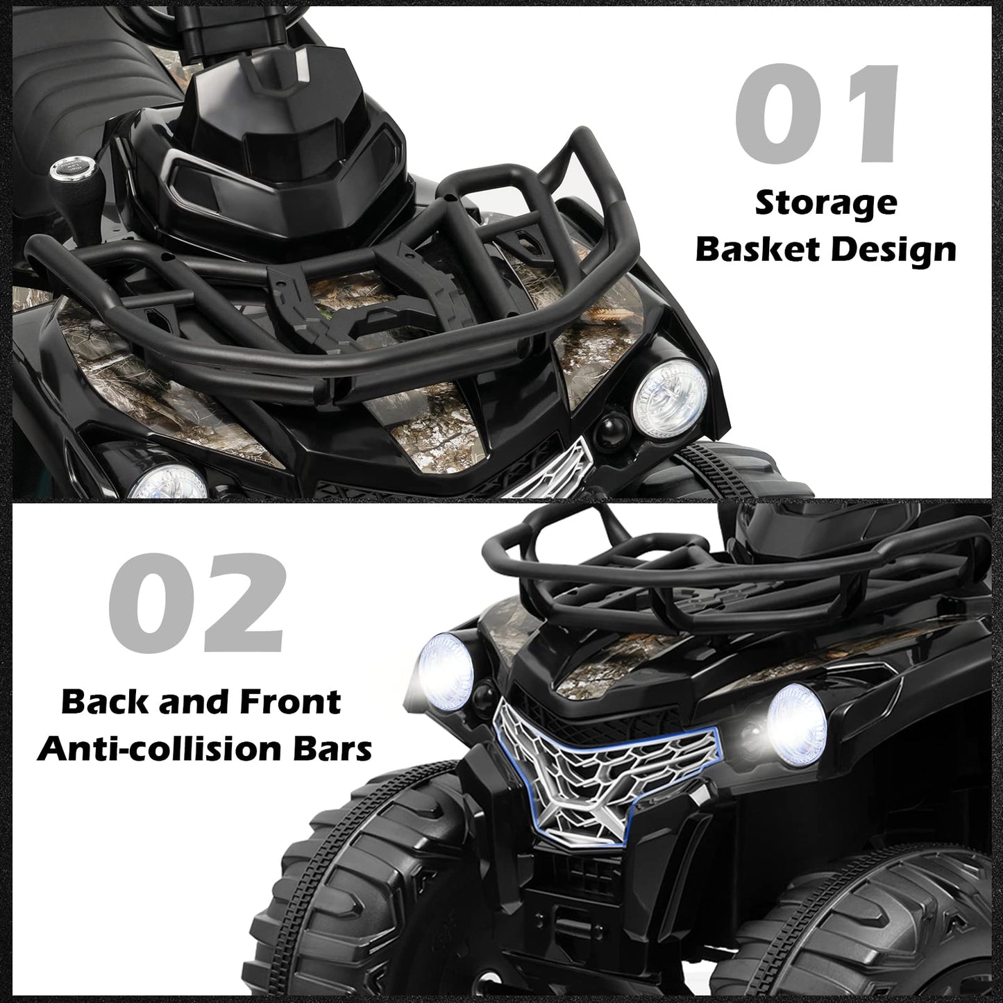 Costzon Kids ATV, 12V Four Wheeler Quad Electric Vehicle w/Forward/Backward Function, 2 Speeds, Music, Headlights, Storage Basket & Backrest, Toddler 4 Wheeler Toy Car for Boys Girls 3+ (Black)