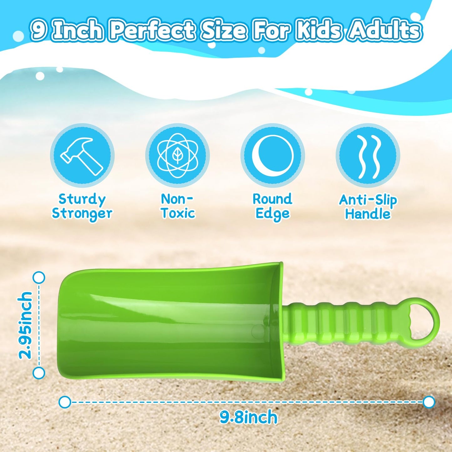 Jumbo 9" Beach Sand Shovels Toys for Kids Adults, Large Sand Beach Spade Scoop Garden Tools for Sandbox Kit Indoor Outdoor Digging Gardening, Beach Accessories Essential Gift for Travel 4 Pack