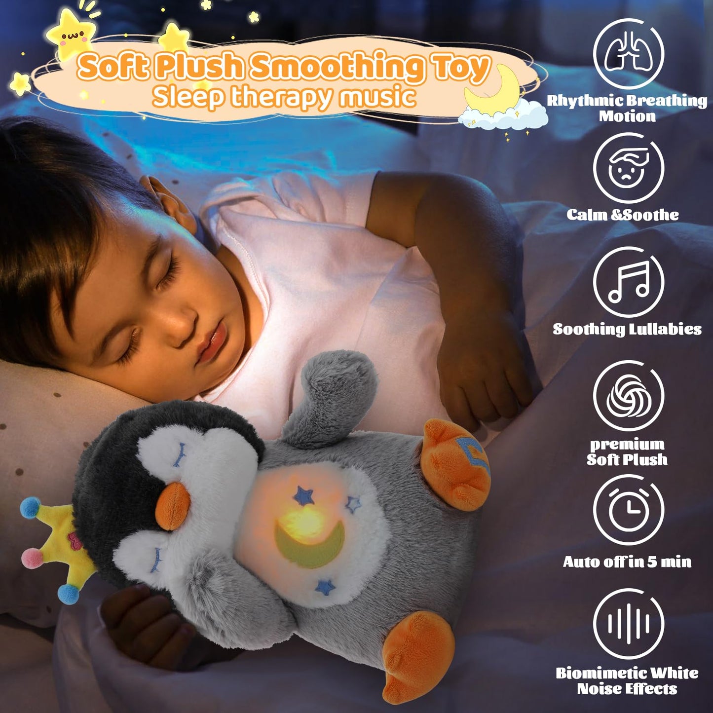 Emoin Breathing Stuffed Penguin Plush, Animal Breathing Penguin Plush Toy with Lights and Music Penguin Gifts Stuff for Adults and Kids