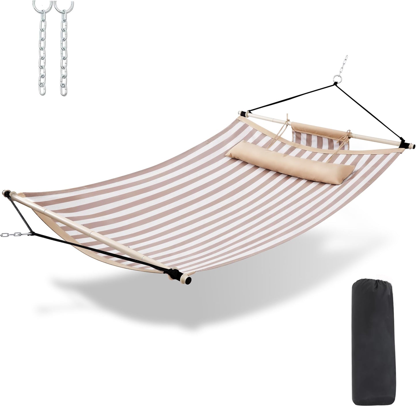 TegerDeger Anti-flip 12FT Hammock Large Hammock 450LB Capacity with Iron Spreader Bar & Nylon Rope for Outside, Patio, Garden, Backyard, Beach - Beige Strips