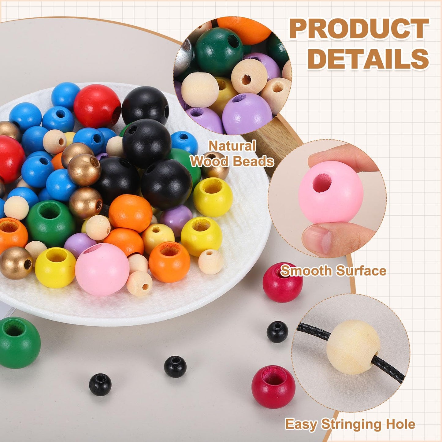 PATIKIL 300pcs 14mm Beige Natural Wood Beads with 4mm Hole Unfinished Round Wooden Loose Spacer Balls Bulk for DIY Crafts Garland Macrame Farmhouse Decor Jewelry Making