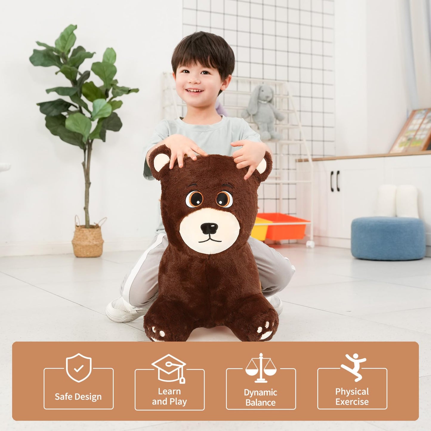 INPANY Bouncy Horse, Bear Hopper Toys, Toddlers Brown Bouncing Animal, Inflatable Plush Bounce Buddies, Kids Ride on Rubber Bouncer, Indoor Outdoor Birthday Gifts Toy for 2 3 4 Year Old Girls Boys