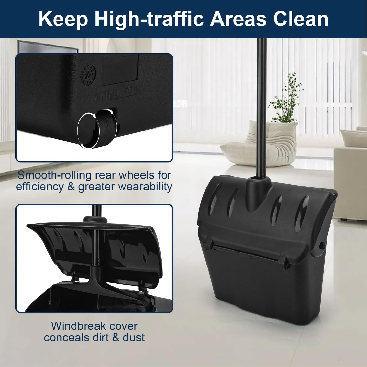 Indoor/Outdoor Heavy Duty Broom and Dustpan Set,Upright Plastic Commercial Dust Pan with 2 Brooms Perfect for Sweeping Courtyard Garage Lobby Kitchen Office Mall Market Shop Floor